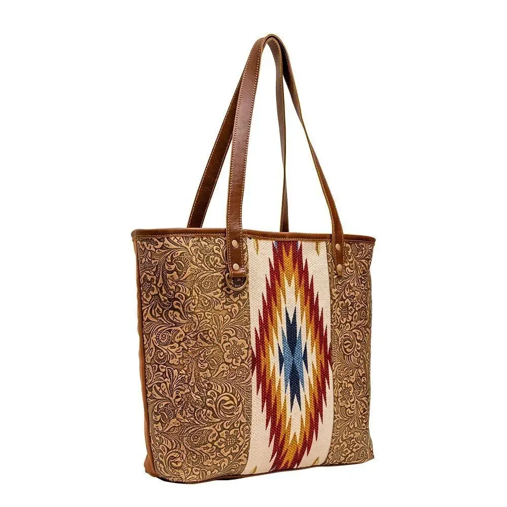 Myra Bag Handmade Titios Tote Bag Upcycled Canvas & Cowhide Leather